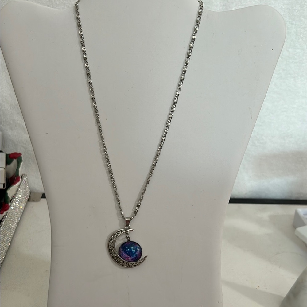 Silver and Blue Crescent Moon Necklace